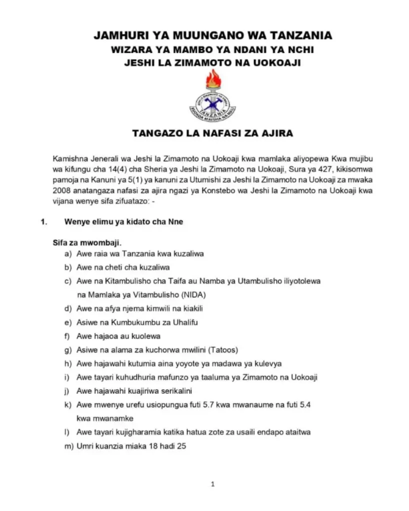 Nafasi za Kazi Jeshi la Zimamoto na Uokoaji Tanzania 2025/26